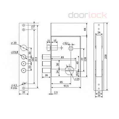 Замок дверной ГАРДИАН 50.11 сувальдный, длинный ключ, никелированный