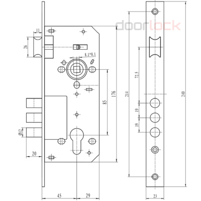 Замок под цилиндр Aperto L152-45.3 SN, матовый никель